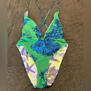 Maaji Amazonas Safari Green Reversible Plunge Neck One Piece Swimsuit Size L